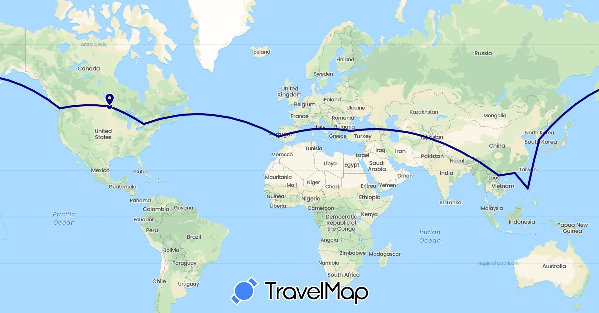 TravelMap itinerary: driving in Canada, China, Italy, South Korea, Philippines, Portugal, Turkey, Vietnam (Asia, Europe, North America)